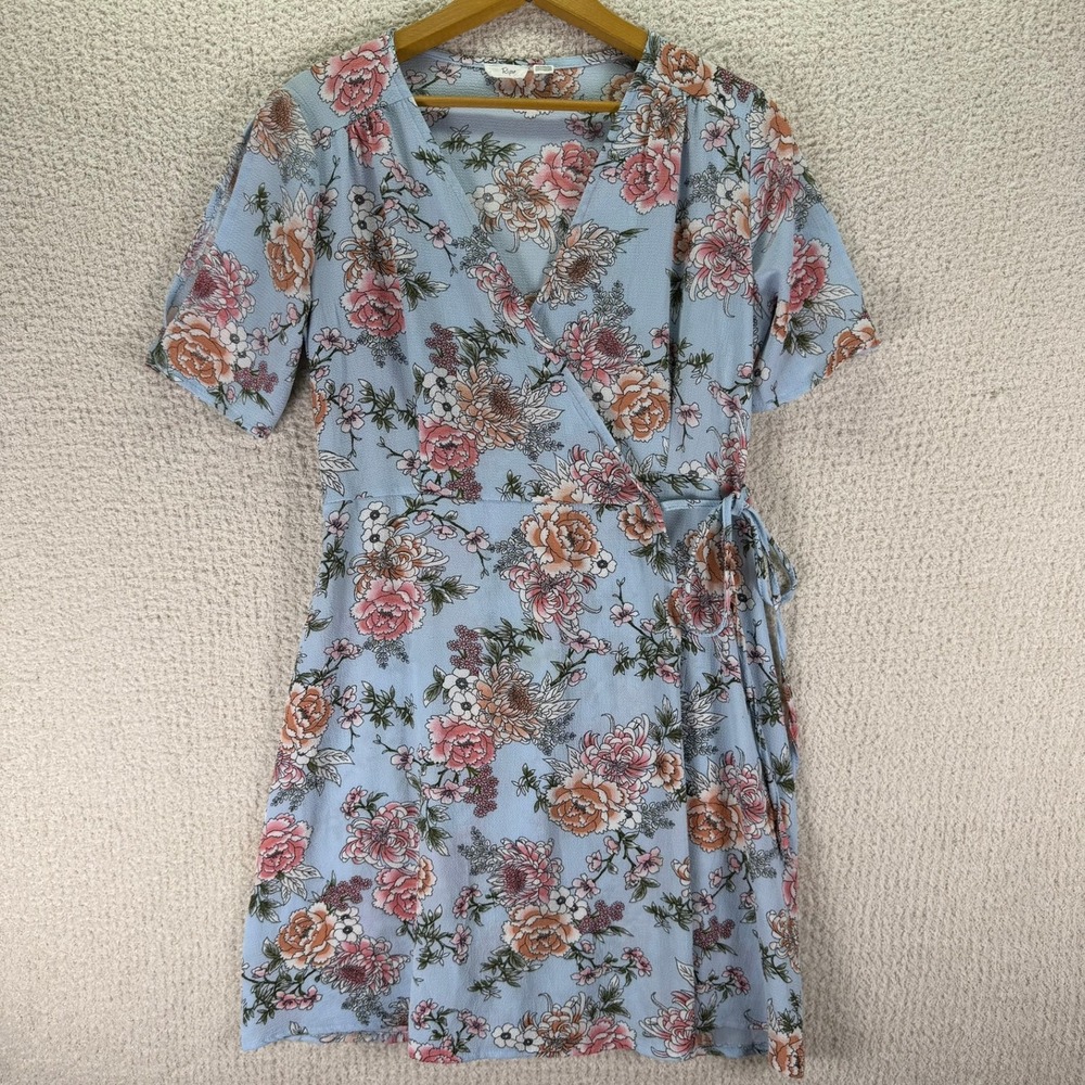 Ripe Floral Wrap Dress Short Sleeve Casual Summer Light Blue Size M